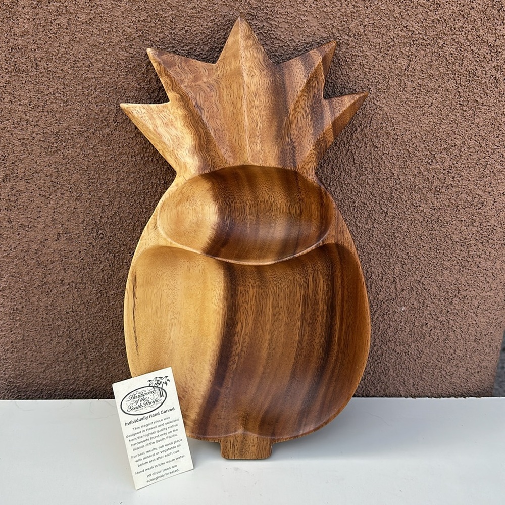Hand-Carved Monkey Pod Divided Pineapple Wooden Bowl